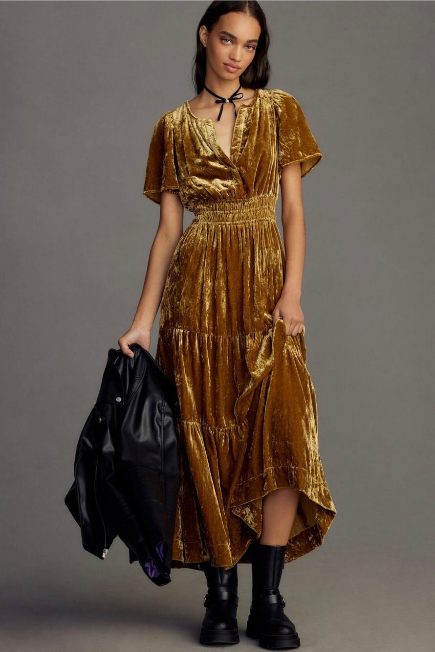 Anthropologie Somerset Maxi Dress Large Petite Rust Gold Velvet Tiered Boho